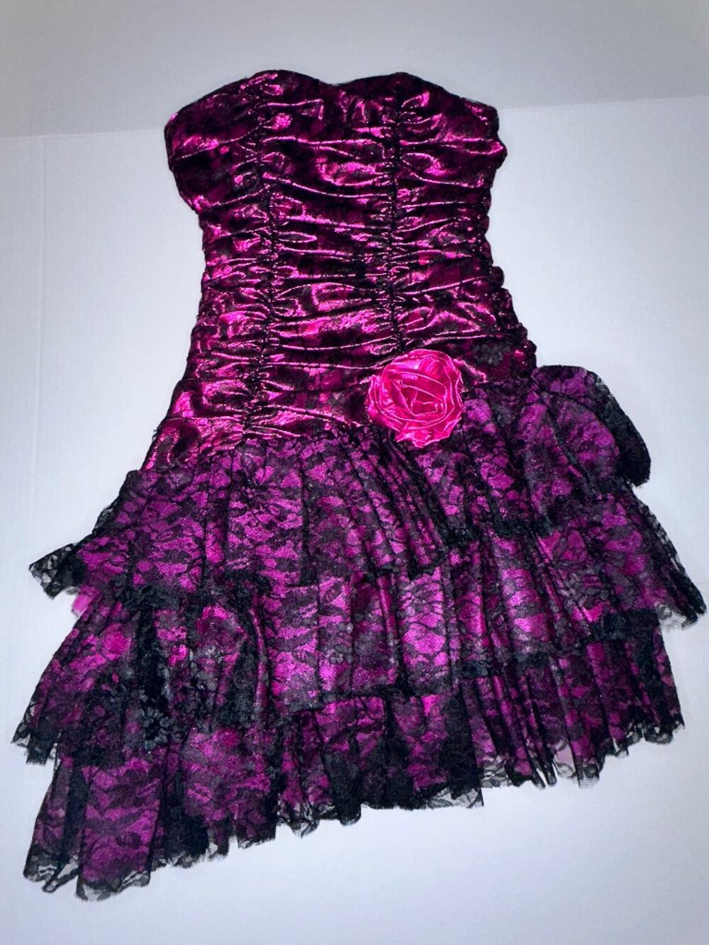 VTG Night Moves Prom Dress Sz 5/6 Fuchsia Pink Metallic Black Lace asymmetrical